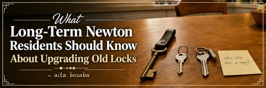 Long-term Newton residents considering upgrading old locks with keys and an older lock mechanism on a wooden table