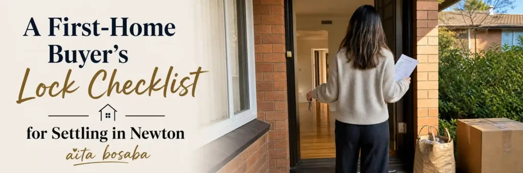 First-home buyer entering a Newton home with keys and a moving checklist